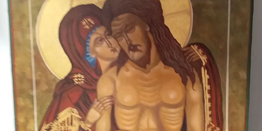 Maria, moeder van Jezus in de passieweek tempera 24 krt goud B24 H30