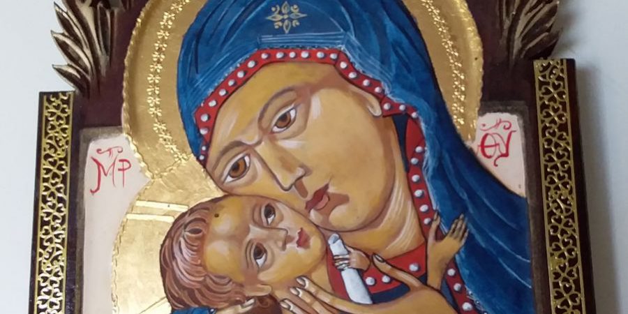 Moeder Gods van Tederheid (eleousa) Lindenhout 24 krt goud