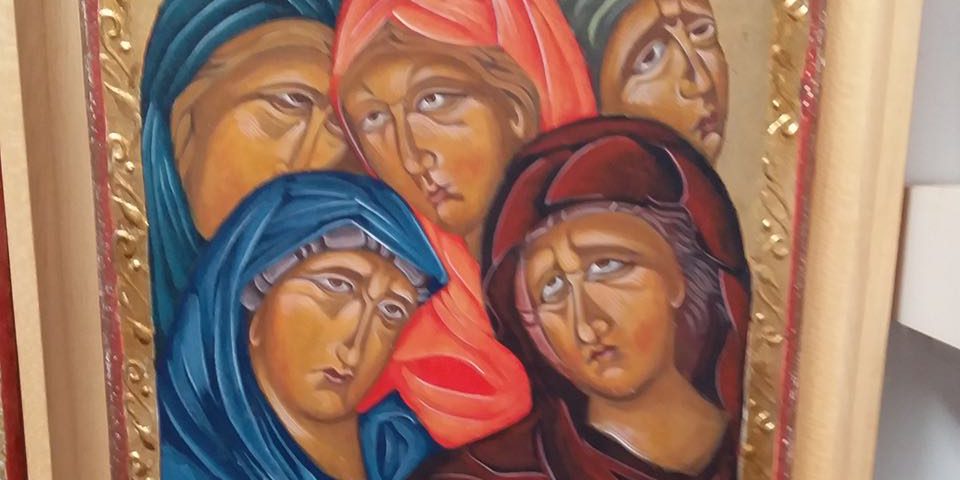 Weenende Vrouwen onder het kruis Tempera 24 krt goud